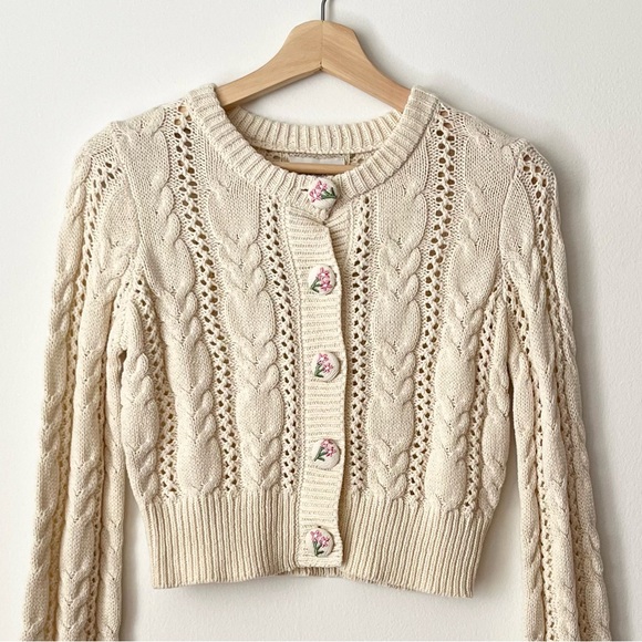 Freshman 1996 Sweaters - NWT Freshman 1996 Women's Ivory Cable Knit Cropped Cardigan Embroidery Size S